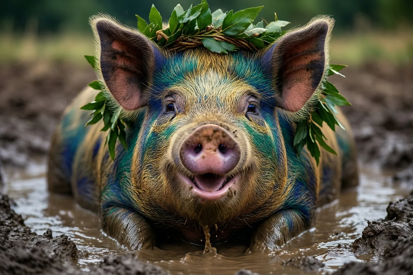 Een varken met een lauwerkrans op de kop ligt tevreden in een modderplas buiten, omringd door groene en bruine tinten.