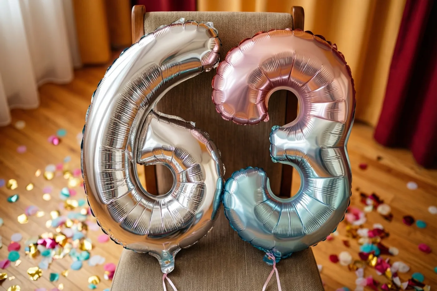 Folieballonnen in de vorm van 6 en 3 met zilveren, roségouden en lichtblauwe tinten zijn aan een stoel vastgemaakt, met gekleurde confetti op hout en warmgekleurde gordijnen erachter.