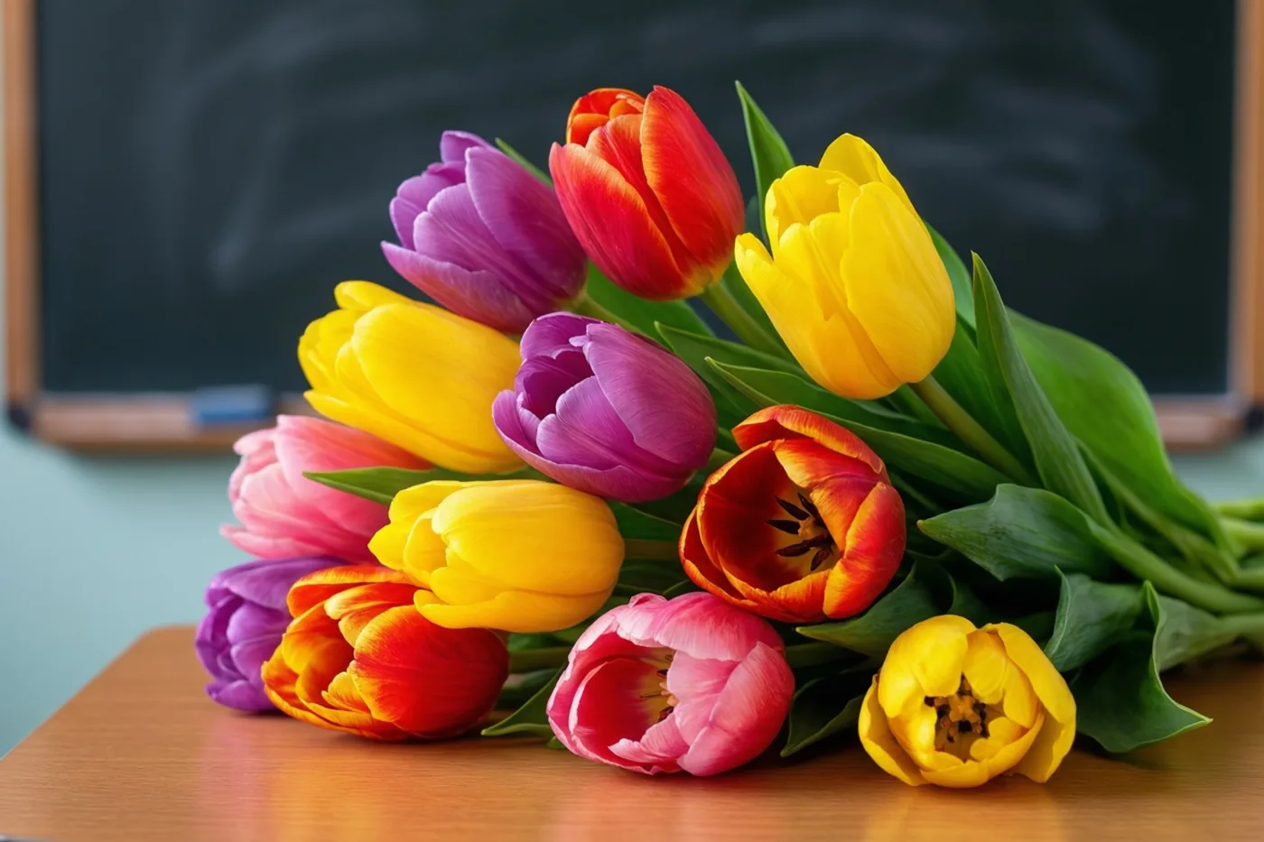 Een veelkleurig boeket tulpen staat op een houten schoolbank voor een schoon schoolbord, in een helder beeld met vooral gele, paarse en rode tinten.