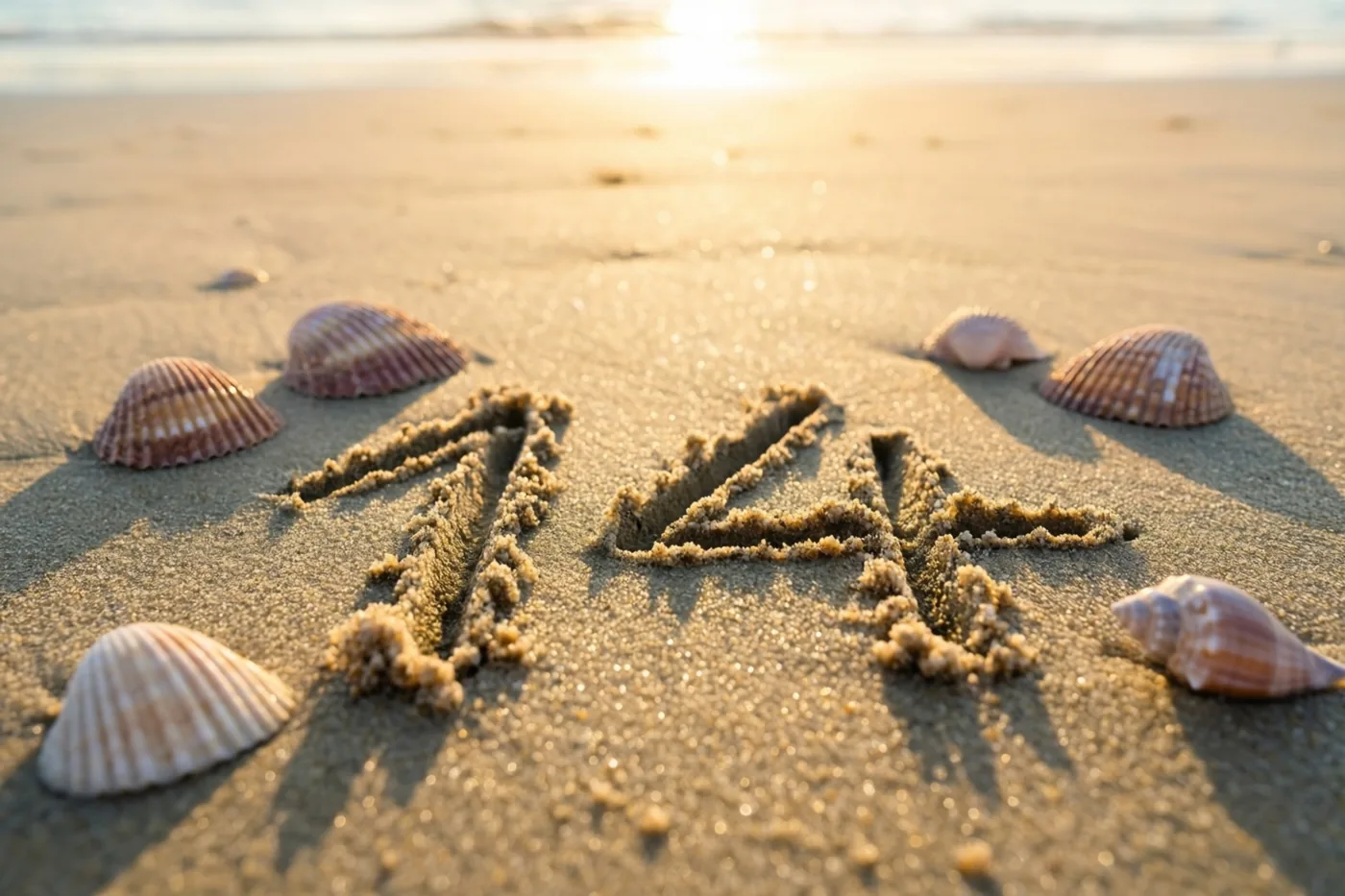 Het getal 14 is in het zand van een strand getekend, met schelpen eromheen in het gouden licht van de zonsondergang.