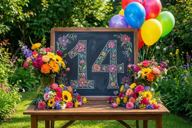 Een krijtbord in een houten kader toont 14 met kleurrijke bloemtekeningen in krijt, omringd door boeketten en ballonnen op een tafel in een zonnige groene tuin.