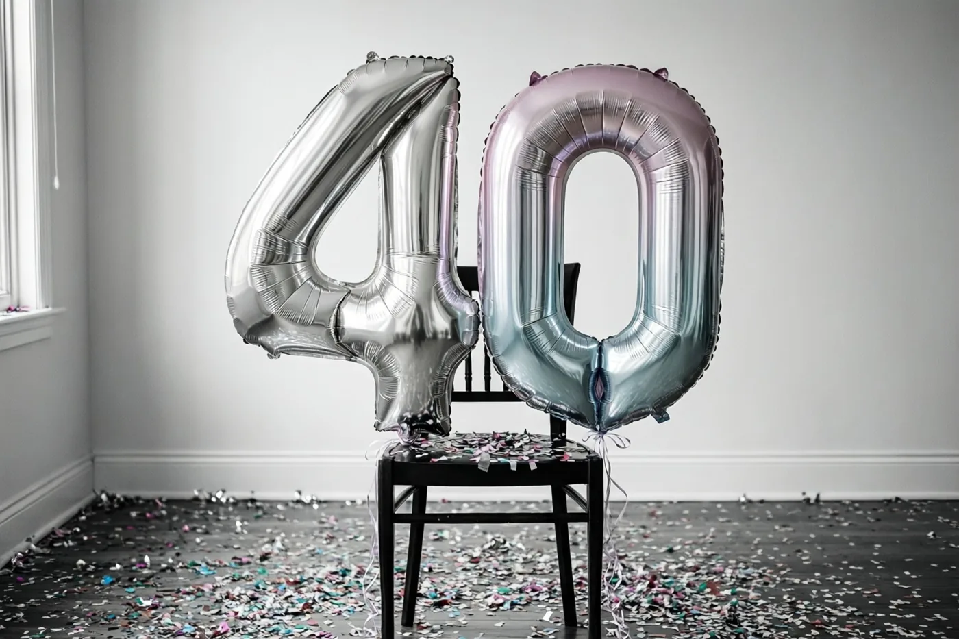 Twee grote folieballonnen in zilver en pastelroze vormen 40 en zijn vastgemaakt aan een zwarte stoel in een lichte kamer met confetti op de vloer.