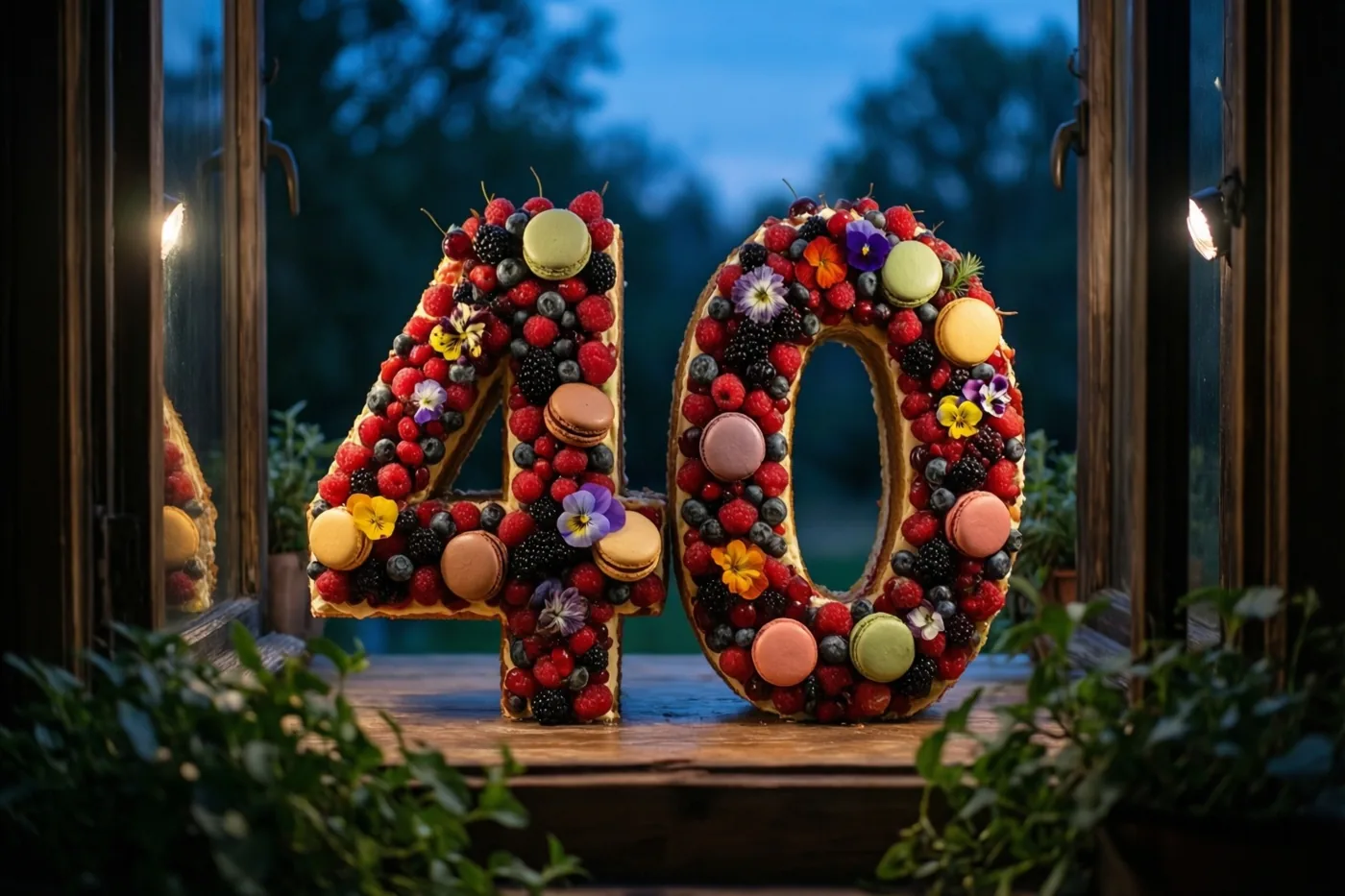 Een taart in de vorm van 40 met bessen, macarons en eetbare bloemen staat bij schemering op hout bij een raam, met warm licht, groen vooraan en een blauwe buitenachtergrond.