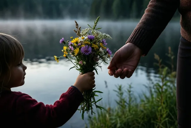 Een kinderhand biedt een volwassen hand een boeket wilde bloemen aan bij een mistig meer in zachte, gedempte tinten.