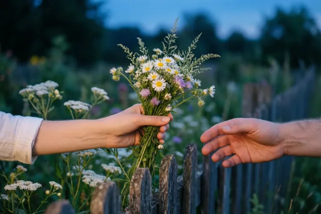 Een hand reikt een boeket veldbloemen over een houten schutting naar een uitgestoken hand aan de andere kant, in een tuin bij schemering met zachte blauwe en groene tinten.