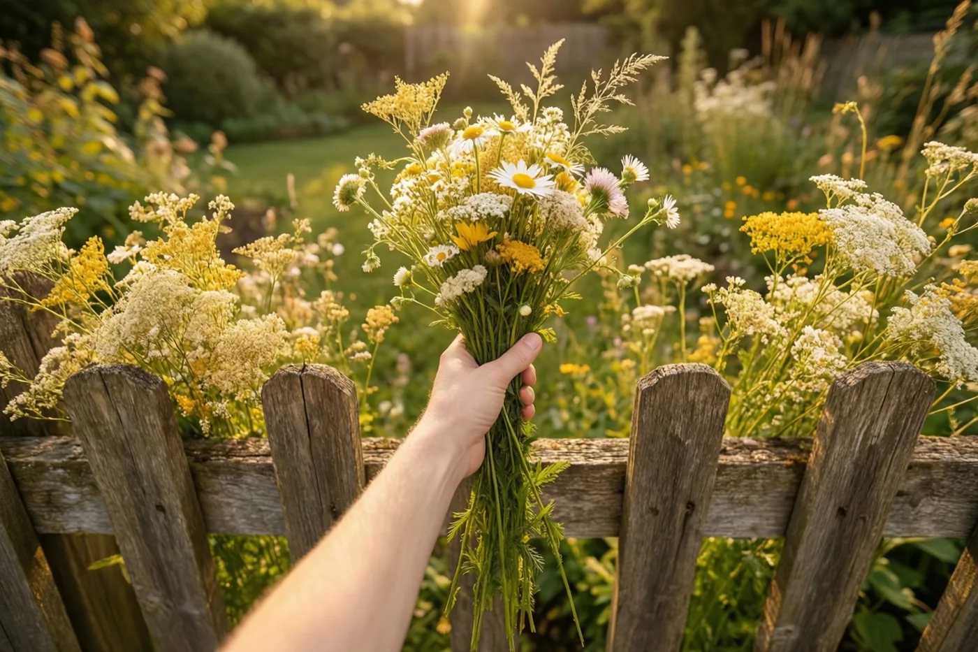 Een hand houdt een boeket veldbloemen over een verweerde houten schutting in een zonnige tuin, in warm goudkleurig licht.