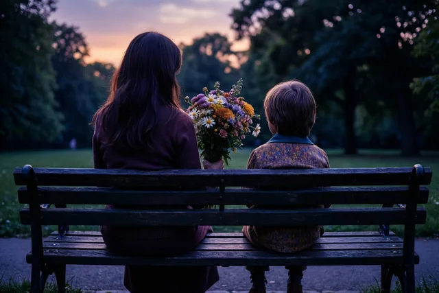 Een moeder en kind zitten met hun rug naar de camera op een houten parkbank onder een paars-oranje avondlucht, terwijl het kind een kleurrijk boeket veldbloemen vasthoudt.