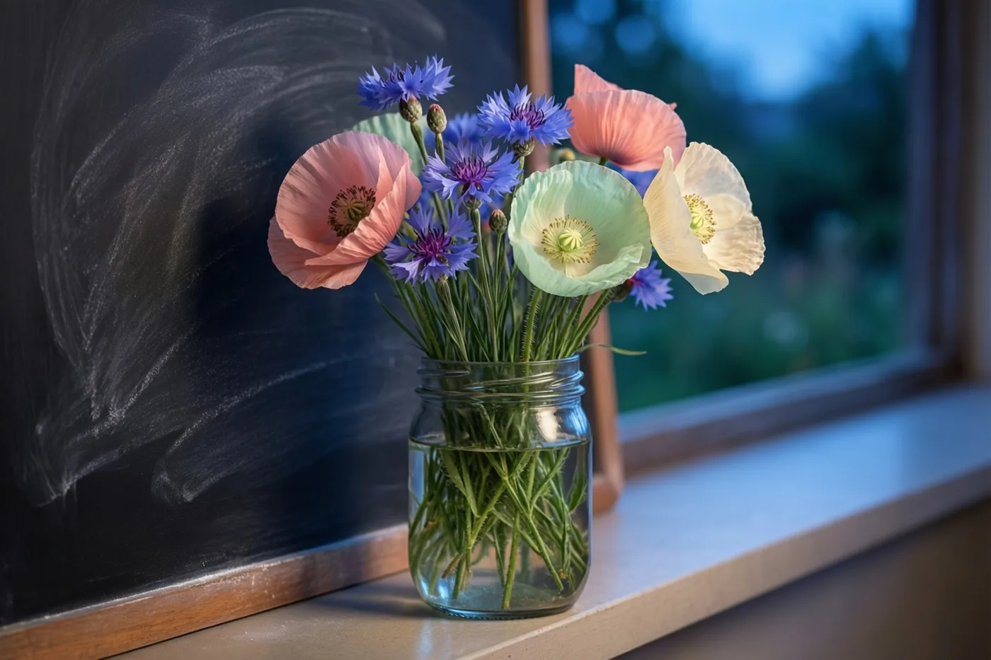 Een glazen pot met kleurrijke klaprozen en korenbloemen staat op een vensterbank naast een schoolbord, met zacht daglicht en een wazige buitenachtergrond.