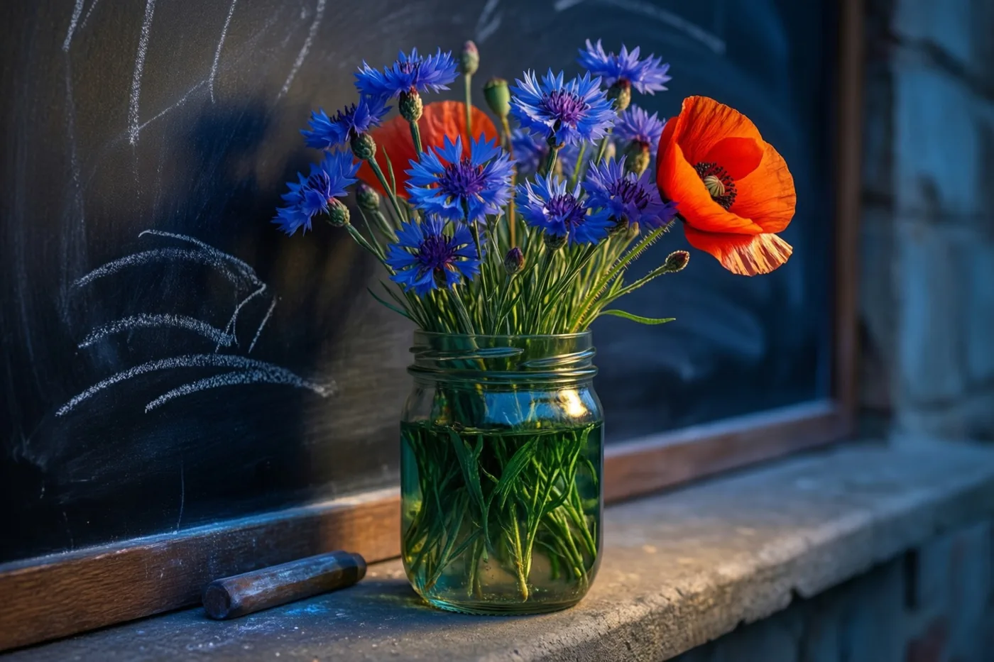 Een glazen pot met blauwe korenbloemen en oranje klaprozen staat op een stenen richel naast een schoolbord met vage krijtsporen, in warm daglicht.