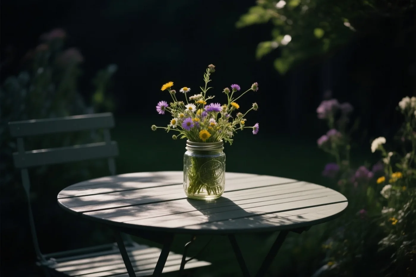 Een glazen pot met veldbloemen staat op een ronde houten tuintafel in gevlekt zonlicht, met groen en wazige bloemen op de achtergrond.