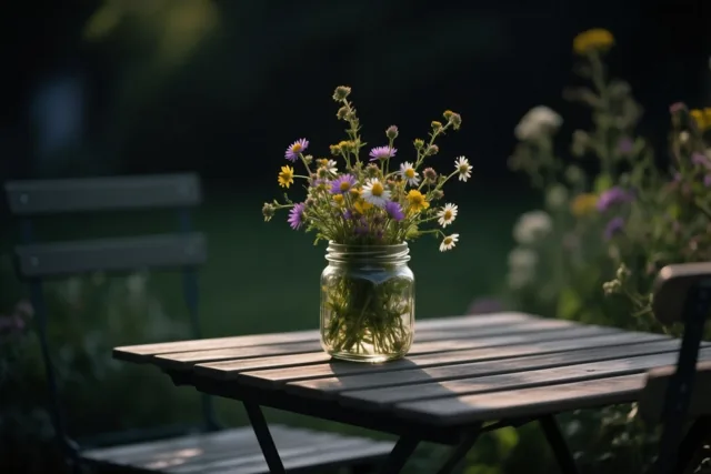 Een glazen pot met veldbloemen staat op een houten tuintafel in zacht daglicht, met een wazige tuin op de achtergrond.