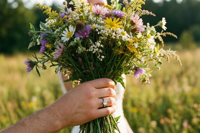 Een hand met een verlovingsring houdt een kleurrijk boeket wilde bloemen vast tegen een wazige weide in warm gouden zonlicht.