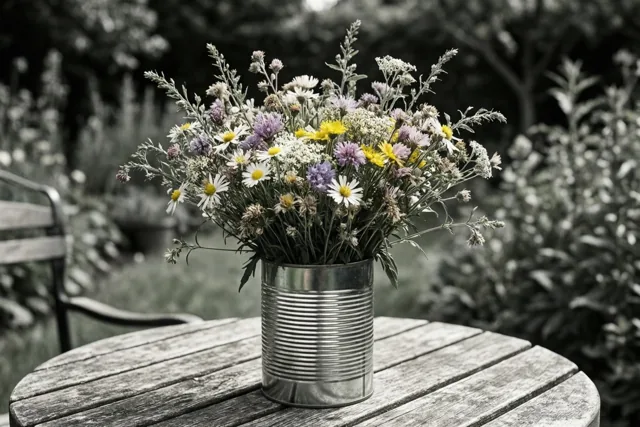 Een kleurrijk boeket veldbloemen staat in een blik op een verweerde houten tuintafel, met een onscherpe tuin op de achtergrond.