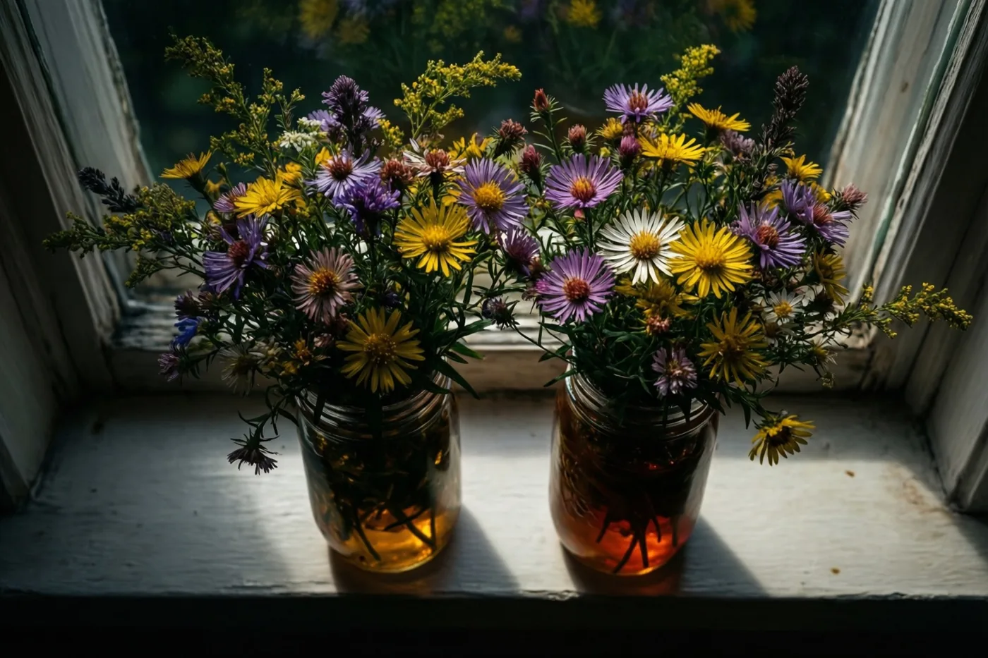 Twee veldboeketten met gele, paarse en witte bloemen staan in glazen potten naast elkaar op een zonnige vensterbank bij een rustiek houten raamkozijn.