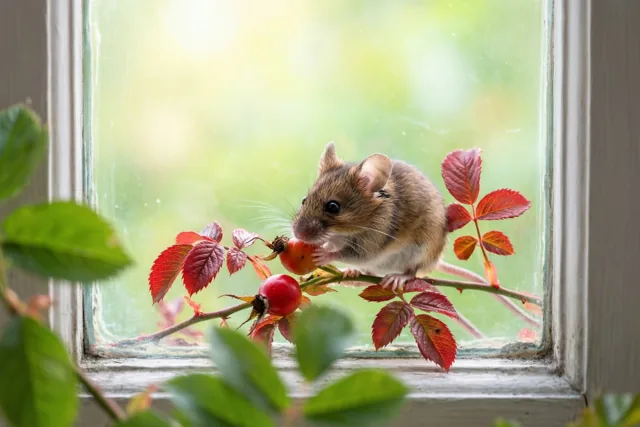 Een kleine veldmuis knabbelt aan een rode rozenbottel op een braamtak met rode bladeren op een vensterbank, met een lichte, wazige groene buitenachtergrond.
