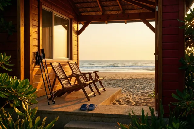 Op de veranda van een houten strandhuisje staan twee ligstoelen en twee wandelstokken, met twee paar pantoffels op de treden en uitzicht op zee bij zonsondergang.