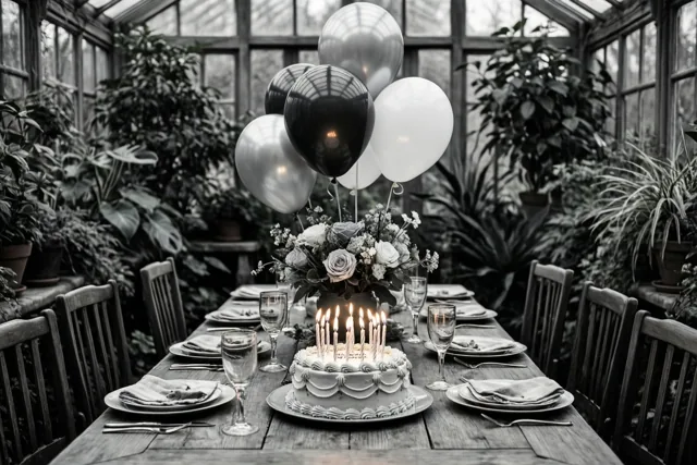 Op een zwart-witfoto staat een lange houten lunchtafel met een taart met brandende kaarsjes en een tros ballonnen in een veranda vol groene planten.