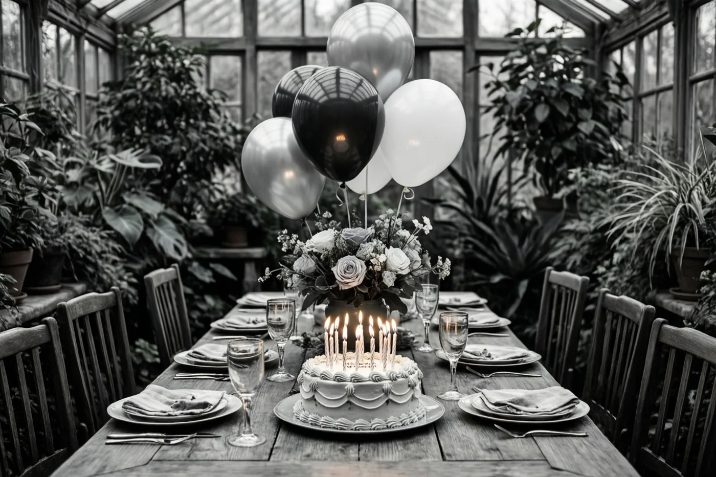 Op een zwart-witfoto staat een lange houten lunchtafel met een taart met brandende kaarsjes en een tros ballonnen in een veranda vol groene planten.
