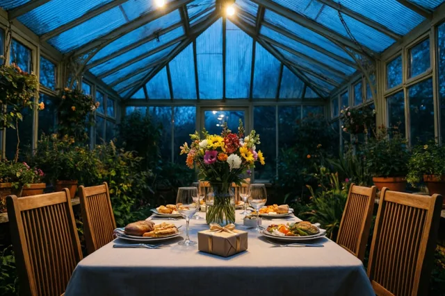 Een ontbijttafel met een kleurrijk bloemstuk en een klein ingepakt cadeau staat tussen houten stoelen in een glazen veranda, met warme verlichting onder een blauwe schemerhemel.