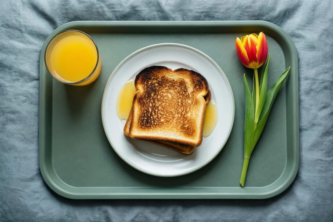 Op een bed staat een groen dienblad met een bord verbrande toast, gemorst sinaasappelsap en een rood-gele tulp, tegen blauwgrijze stof.