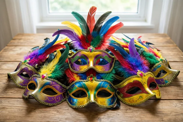 Sierlijke kleurrijke maskers met bonte veren liggen op een rustieke houten tafel bij een raam, in tinten goud, paars, blauw, rood en groen.