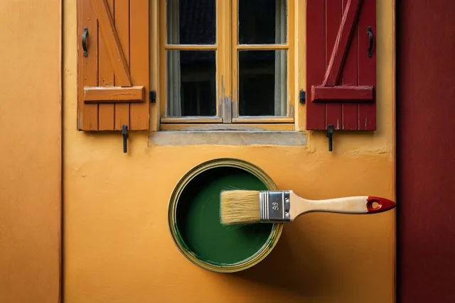 Een verfborstel rust in een blik groene verf op een gele muur onder een raam met halfgeschilderde oranje en rode luiken.