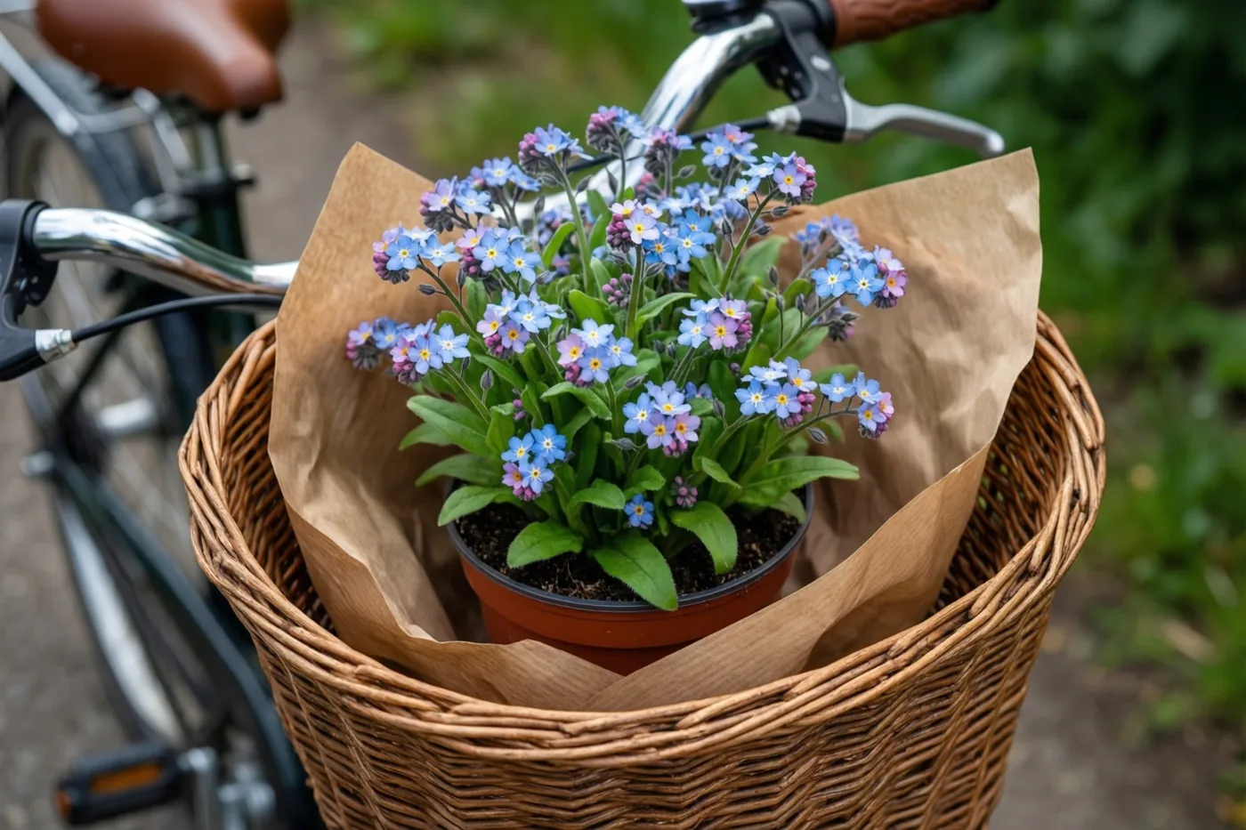 Een potje blauwe en paarse vergeet-mij-nietjes staat in een met bruin papier beklede rieten fietsmand, met het stuur en het zadel in beeld.
