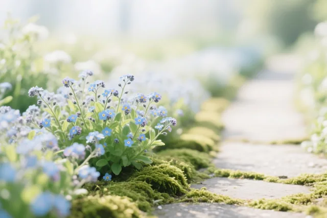 Plukjes kleine blauwe vergeet-mij-nietjes groeien langs een bemost stenen tuinpad in zacht daglicht.