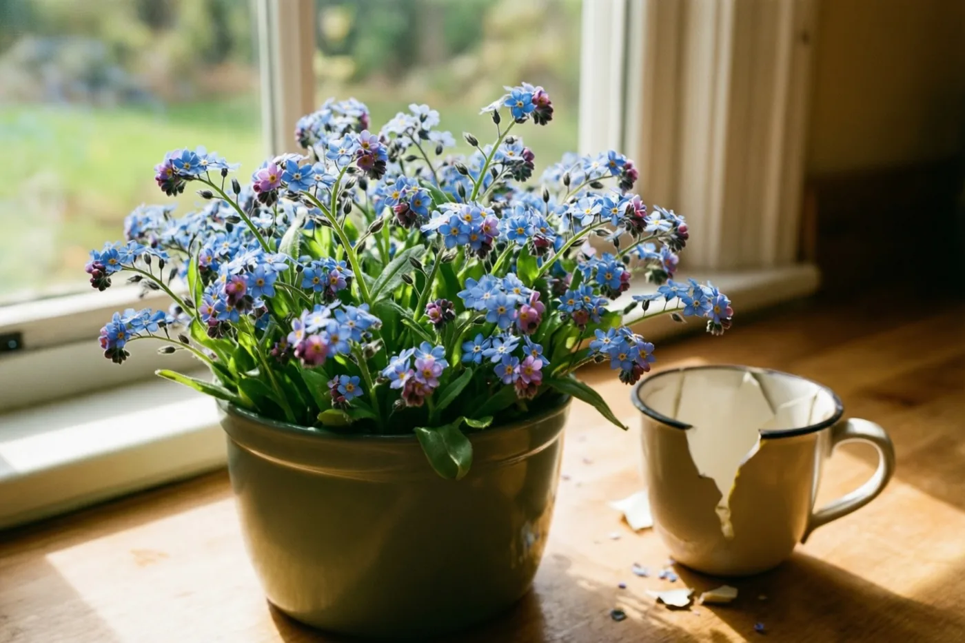 Een pot blauwe vergeet-mij-nietjes staat naast een gebroken keramische mok op een zonnige houten vensterbank, met een wazige groene tuin achter het raam.