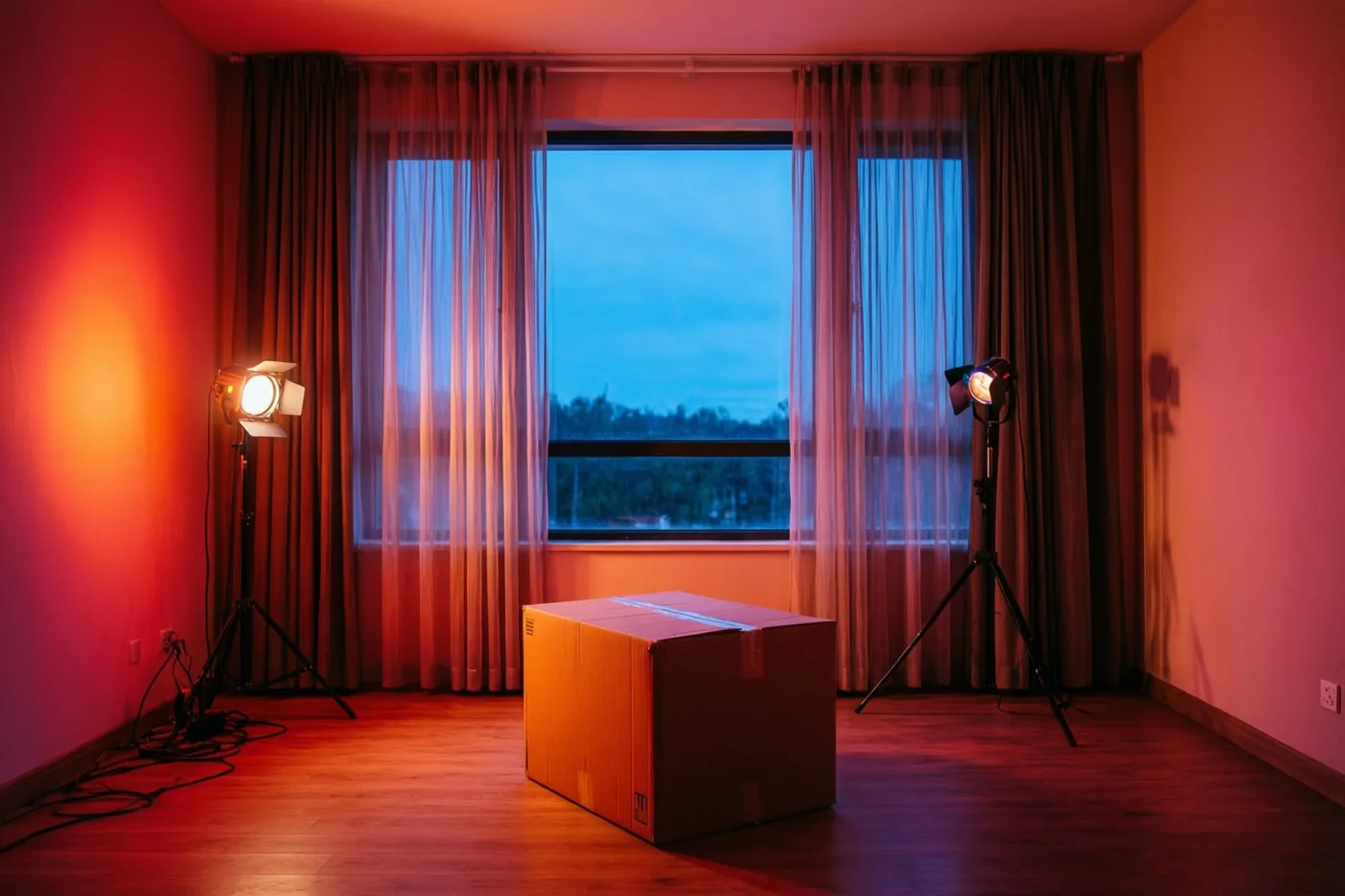 Een grote kartonnen verhuisdoos staat op de houten vloer van een lege kamer met een groot raam en doorschijnende gordijnen, verlicht door twee studiolampen met een roodoranje gloed, met buiten bomen en een blauwe schemerlucht.