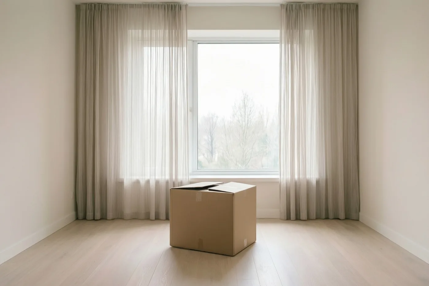 Een kartonnen verhuisdoos staat midden in een lege kamer met witte muren en een lichte houten vloer, voor een groot raam met doorschijnende gordijnen.
