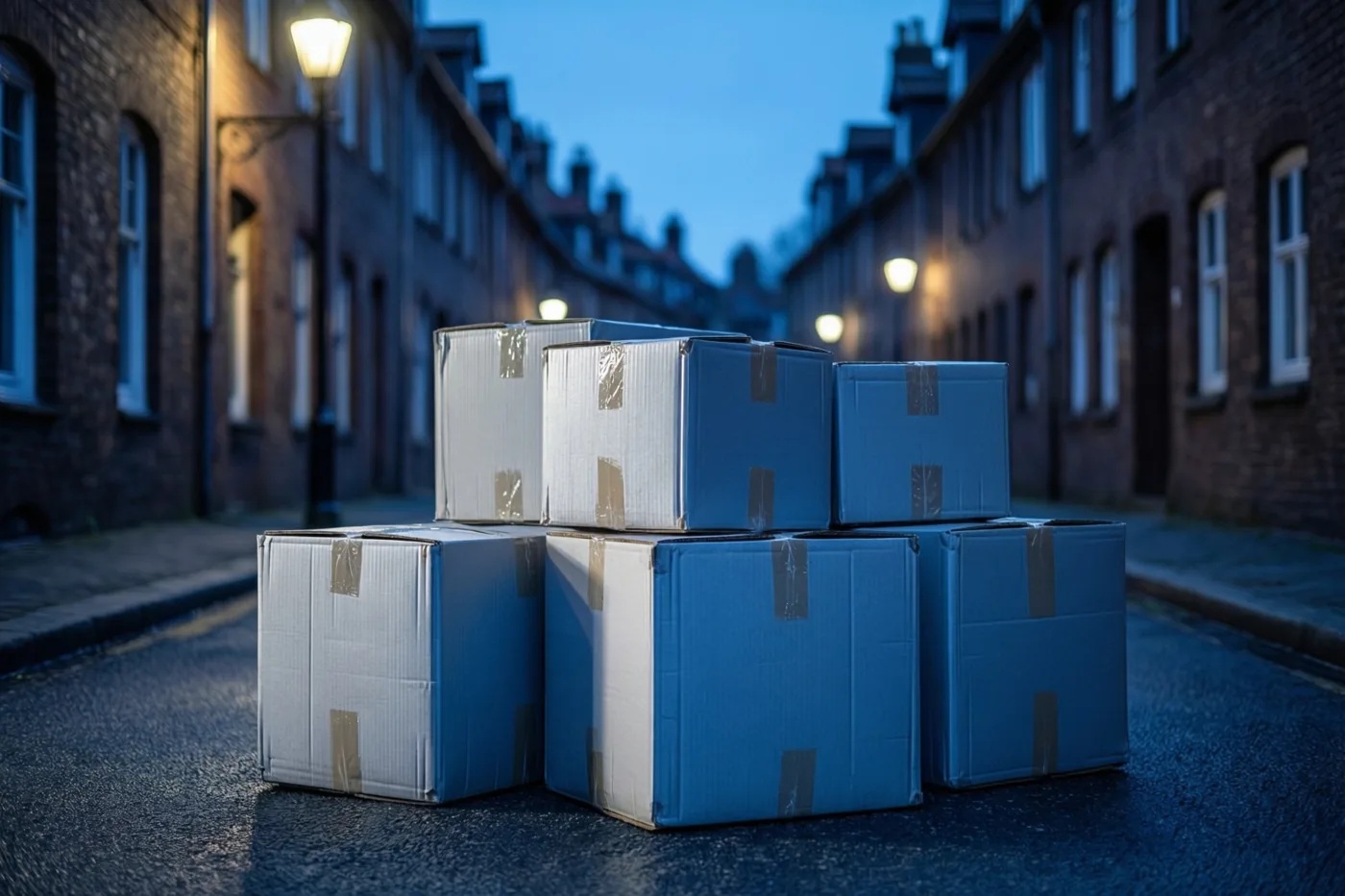 Een stapel kartonnen verhuisdozen staat op het voetpad van een smalle straat met bakstenen trapgevels, in blauwe schemering en warm lantaarnlicht.