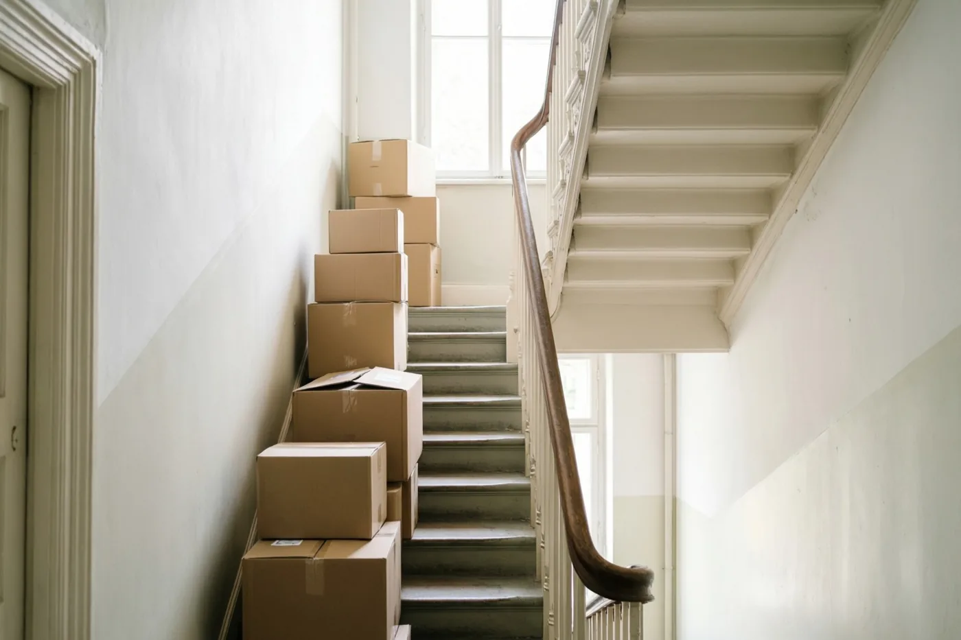 Op elke trede van een smalle trap in een oud herenhuis staan verhuisdozen, met bovenaan een raam dat daglicht binnenlaat.