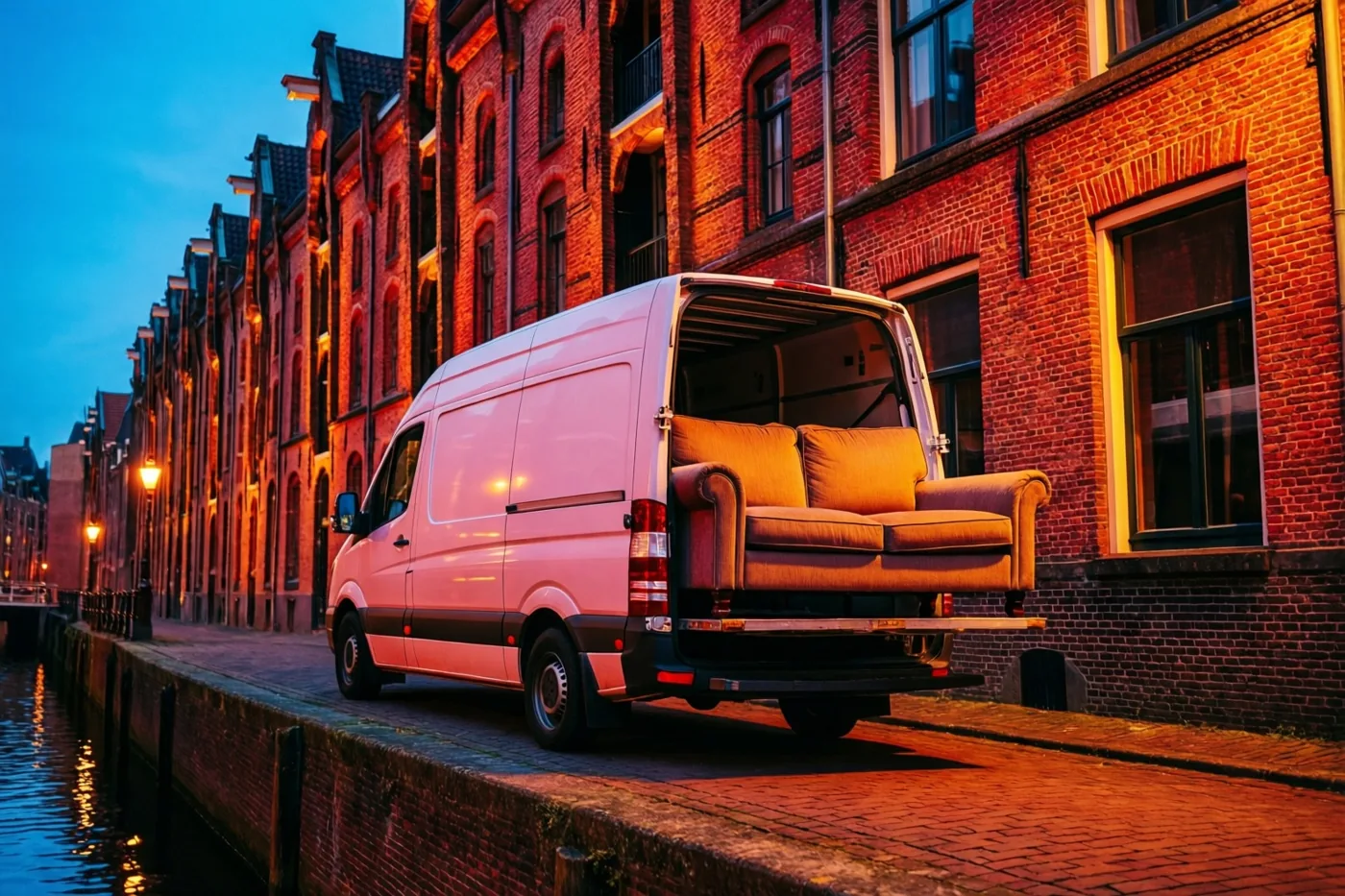 Een witte verhuiswagen met een zetel in de open laadruimte staat op kasseien naast een kanaal met warm verlichte rode bakstenen gebouwen in gouden avondlicht.