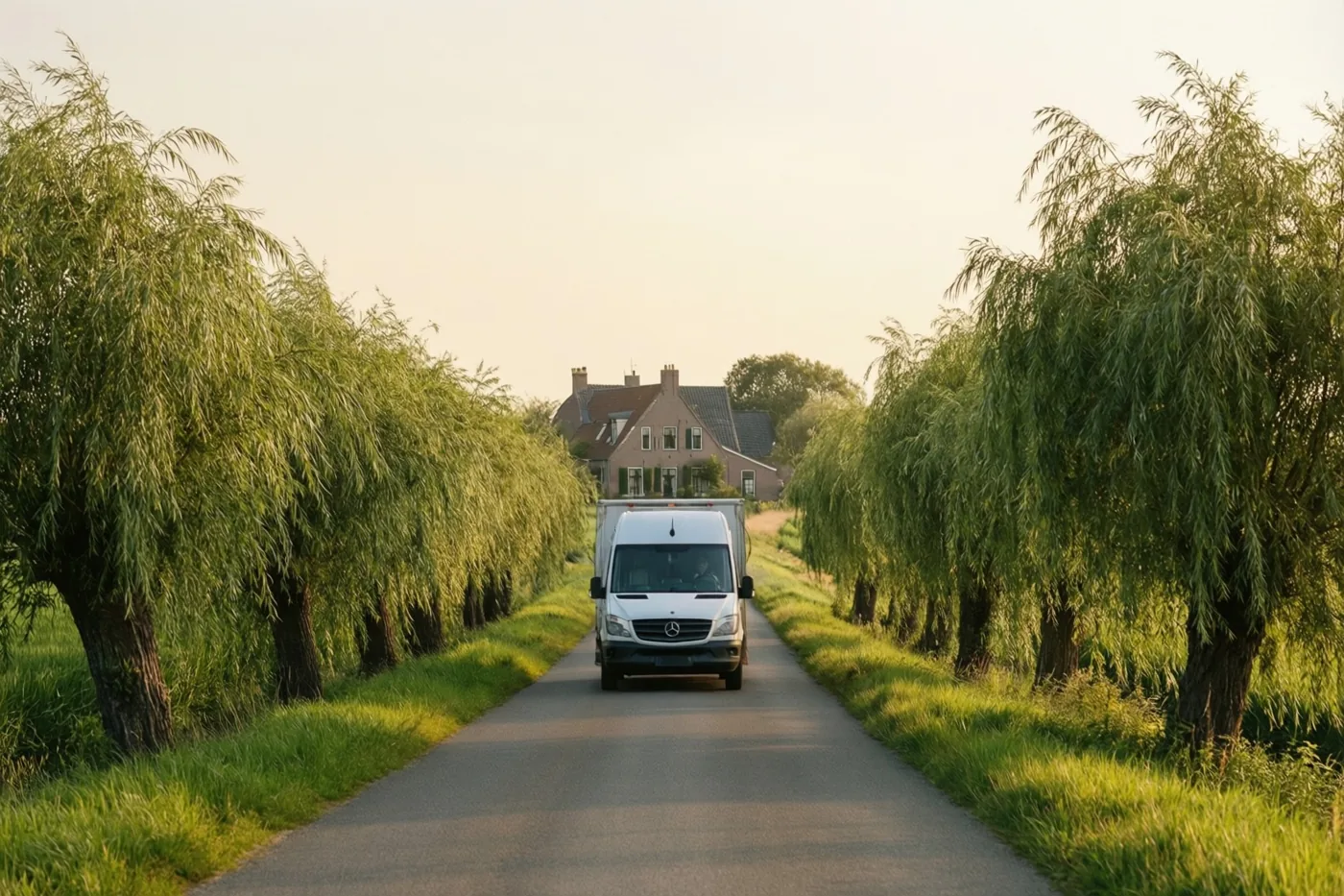 Een witte verhuiswagen rijdt over een smalle verharde weg tussen rijen knotwilgen naar een hoeve in de verte, in warm goudkleurig licht.
