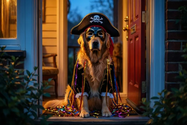 Een golden retriever met een piratenhoed en zwart masker zit op een drempel tussen kleurrijke slingers, met warm licht van binnen en koele blauwe schemering buiten.