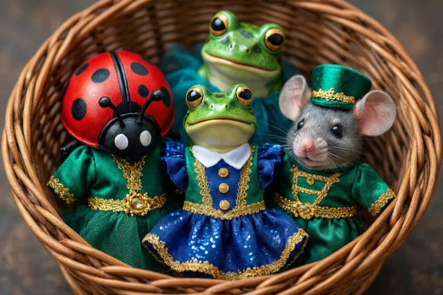 Drie kleine speelgoeddieren, een lieveheersbeestje, kikker en muis, zitten in feestelijke kostuums in een rieten mand, met groen, blauw en goud als opvallende kleuren.
