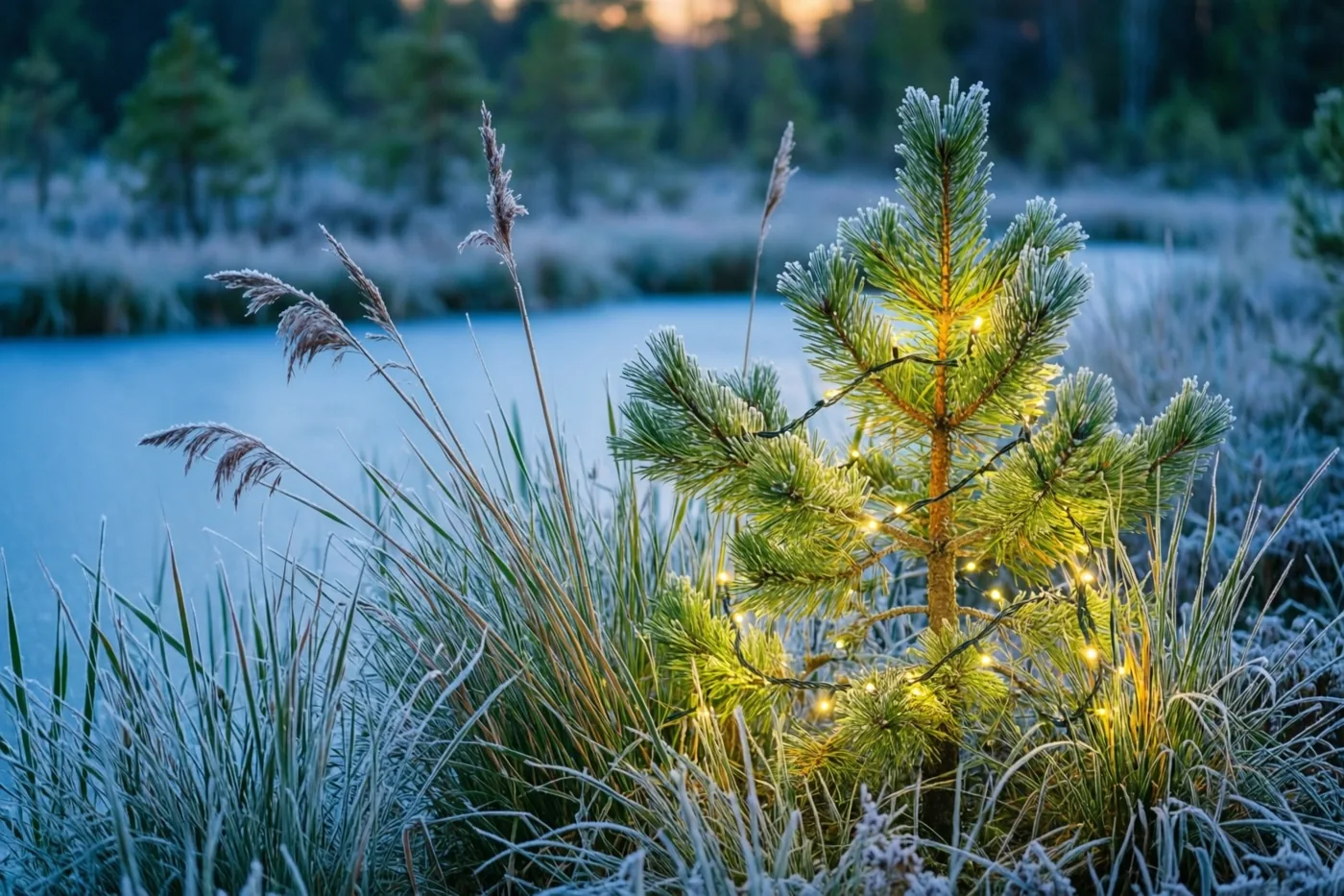 Een klein dennenboompje met brandende lichtjes staat bij zonsopgang op een bevroren moerasoever tussen berijpt riet, met rustig blauw water op de achtergrond.
