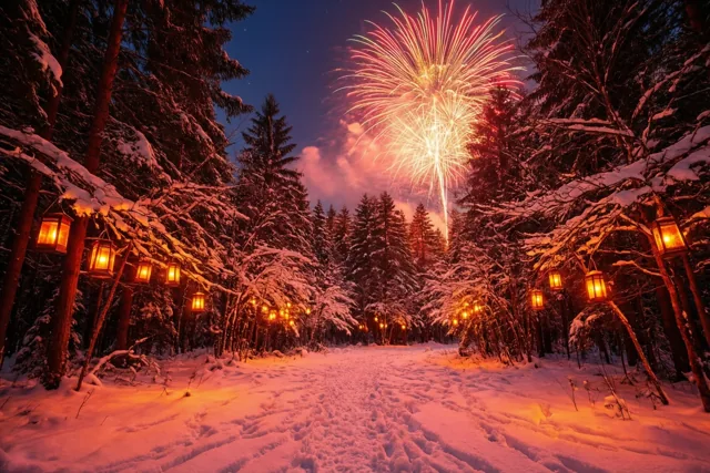 Langs een besneeuwd bospad hangen lichtgevende lantaarns aan besneeuwde bomen, met kleurrijk vuurwerk boven de boomtoppen in oranje en rode tinten.