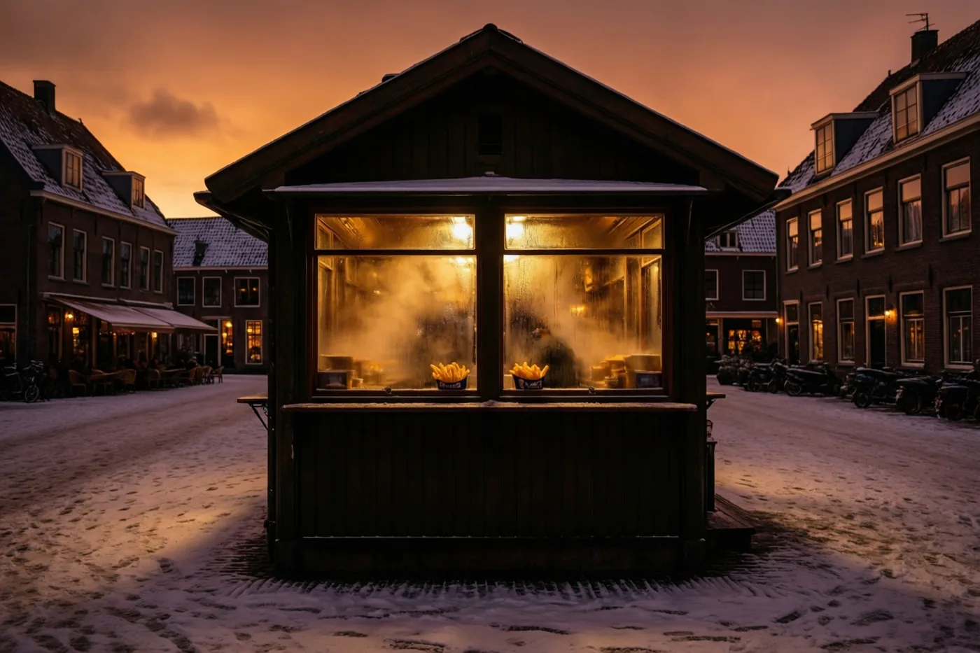 Een houten frietkot met beslagen, warm verlichte ramen staat op een besneeuwd dorpsplein tussen donkere houten gebouwen onder een oranjeroze avondlucht.