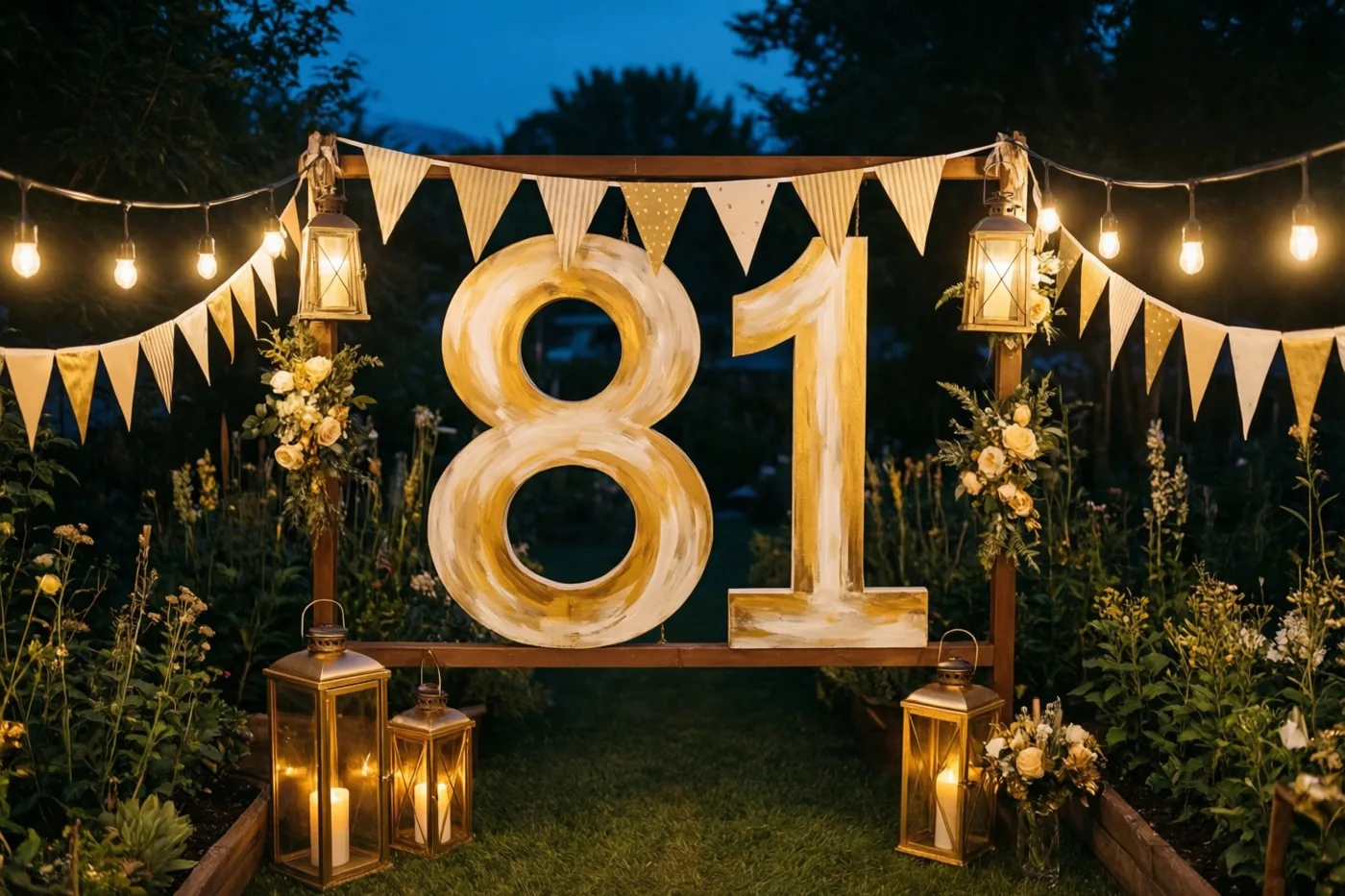 Een groot geschilderd houten bord met 81 staat bij schemering in een tuin tussen lichtslingers, vlaggetjes en lantaarns, onder een donkerblauwe hemel.
