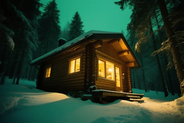 Een houten huisje met geel verlichte ramen staat 's nachts in een besneeuwd bos met blauwgroene en witte tinten.