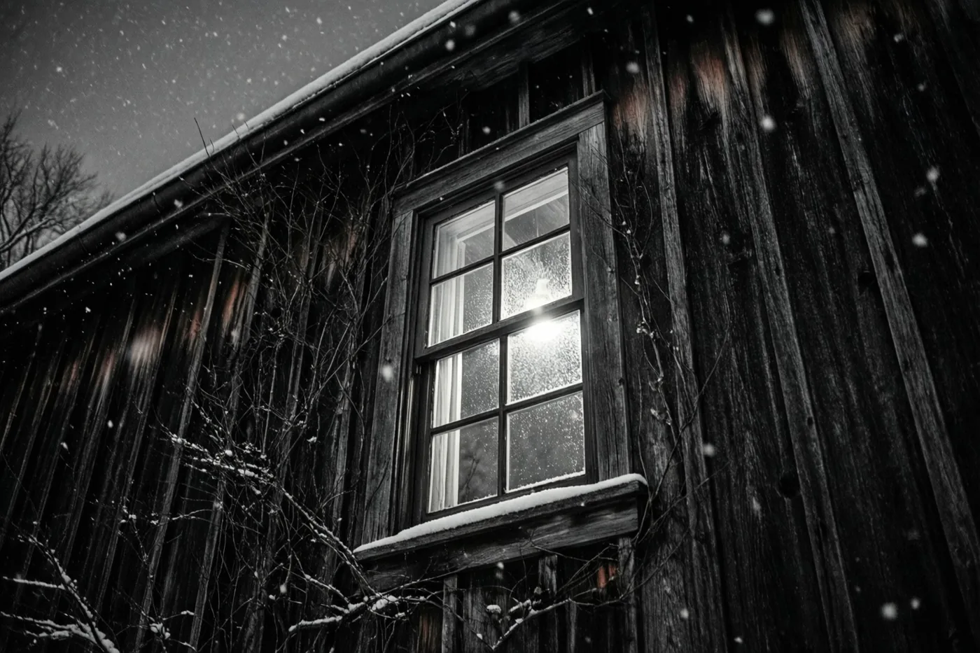 Een monochroom beeld toont één verlicht raam in een donkere houten hoevewand tijdens een winternacht met vallende sneeuw.