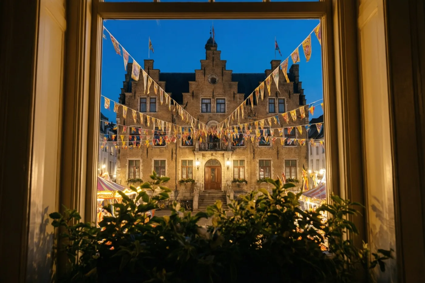 Door een raam is een historisch stadhuis met trapgevels en kleurrijke carnavalsvlaggen te zien bij schemering, met groen op de voorgrond en feestlichtjes beneden.