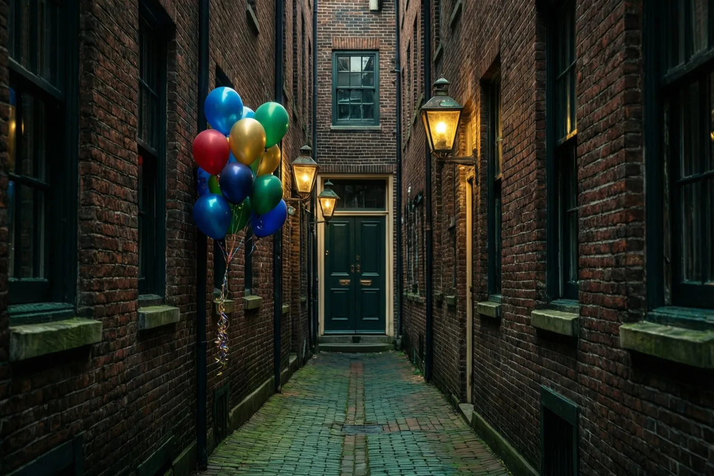 Een smal bakstenen steegje met kasseien en oude lantaarns leidt naar een donkergroene voordeur, met blauwe, rode, groene en gouden ballonnen aan een lantaarn links.