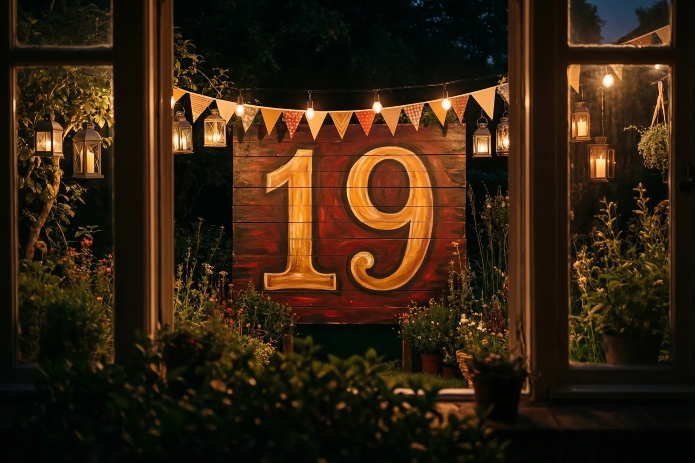 Door een raam is een nachtelijk tuinfeest te zien met een groot houten bord met 19, lichtslingers, lantaarns en vlaggetjes.