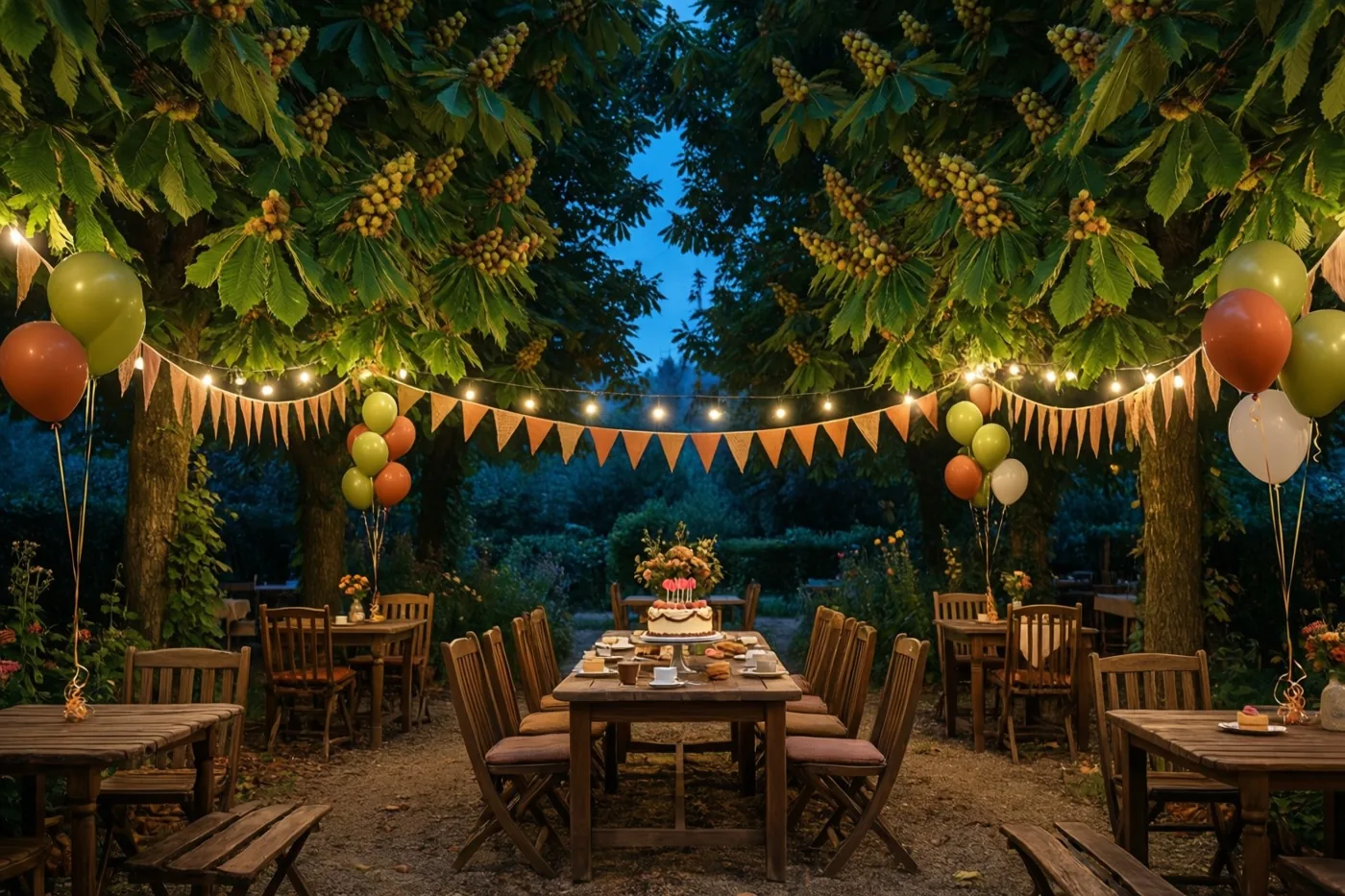 Onder grote kastanjebomen staan houten tafels met een taart, lichtslingers, vlaggetjes en ballonnen in warm kunstlicht tegen een diepblauwe schemerhemel.