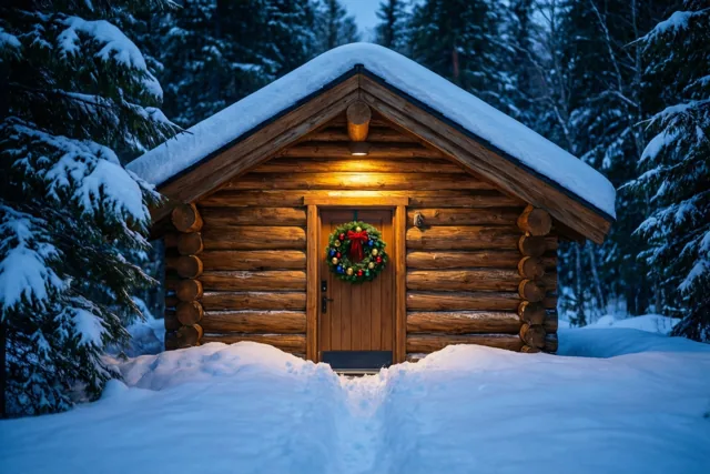 Een houten blokhut met een kerstkrans aan de deur ligt bijna verscholen in diepe sneeuw tussen besneeuwde sparren en straalt warm licht uit.