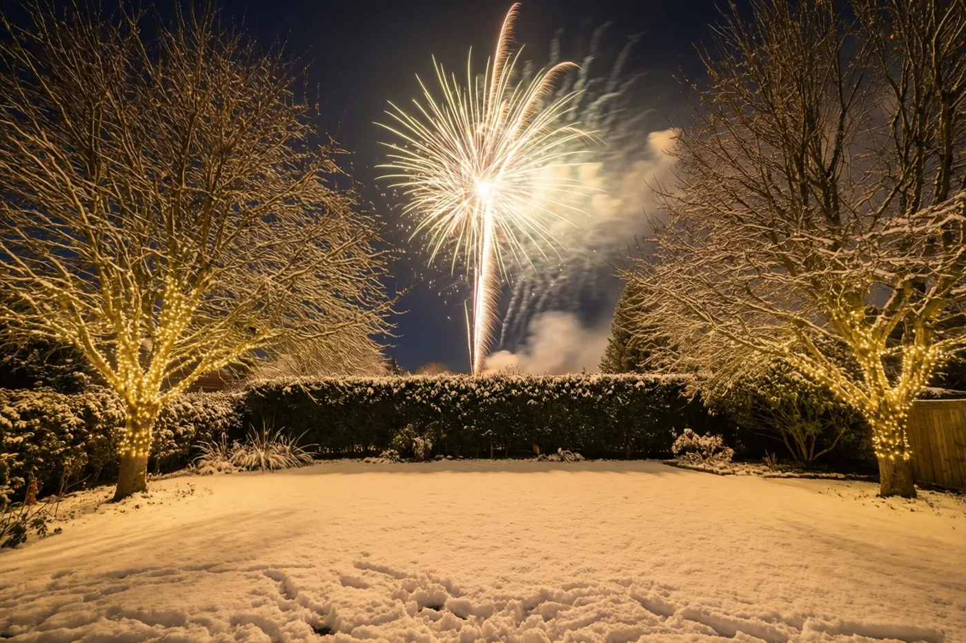 Goudkleurige lichtjes verlichten kale bomen in een besneeuwde achtertuin, met vuurwerk boven de haag tegen een donkerblauwe nachthemel.