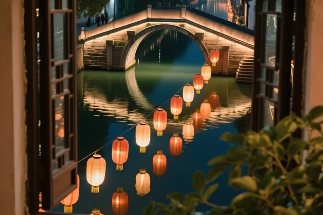 Door een open raam is een stenen boogbrug met een slinger oranje en geel oplichtende lantaarns te zien boven een donkerblauw kanaal bij nacht.